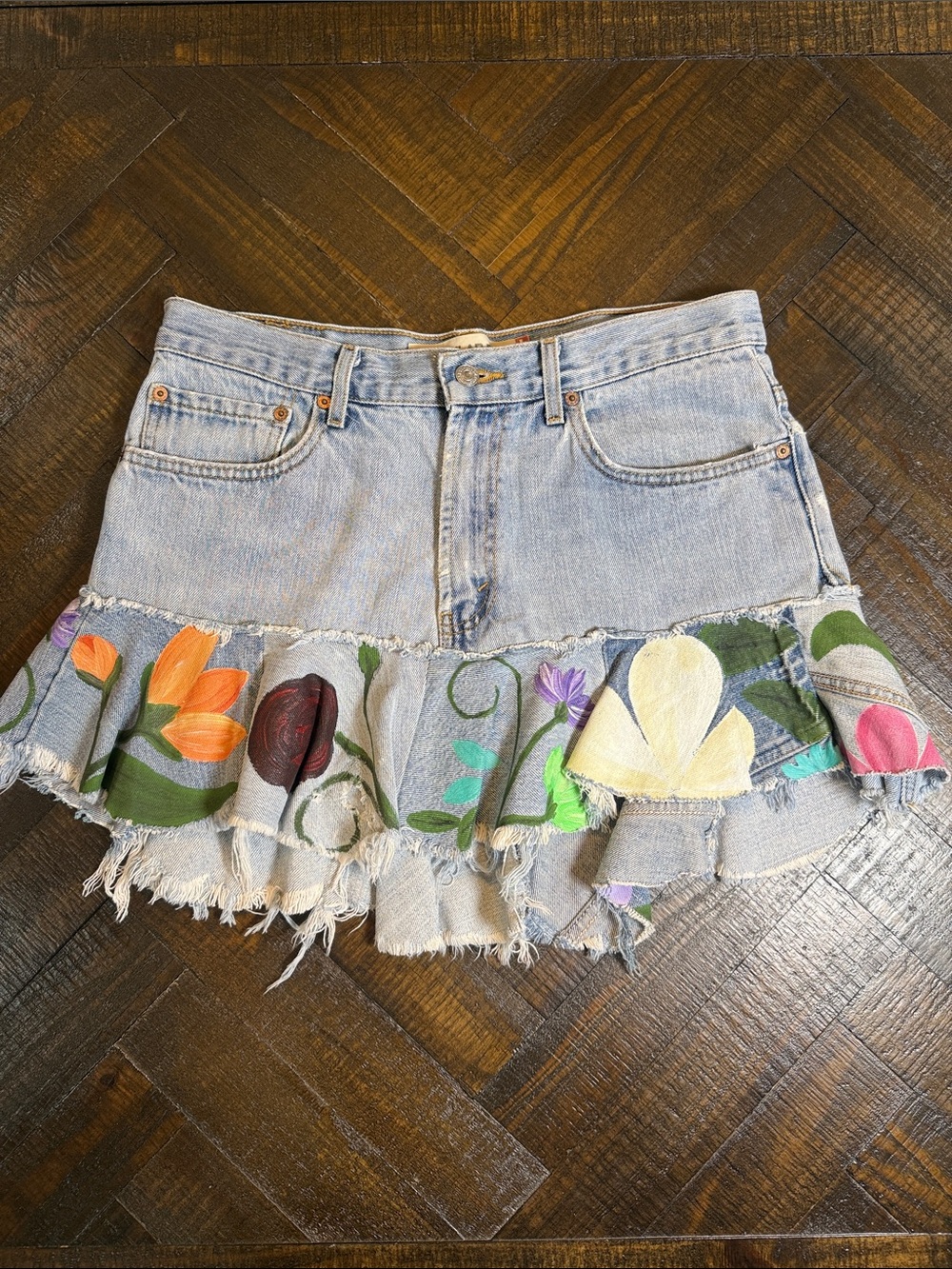 Levi’s‎ 505 Upcycled Floral Painted Patchwork Denim Mini Skirt W33 Sz 14
